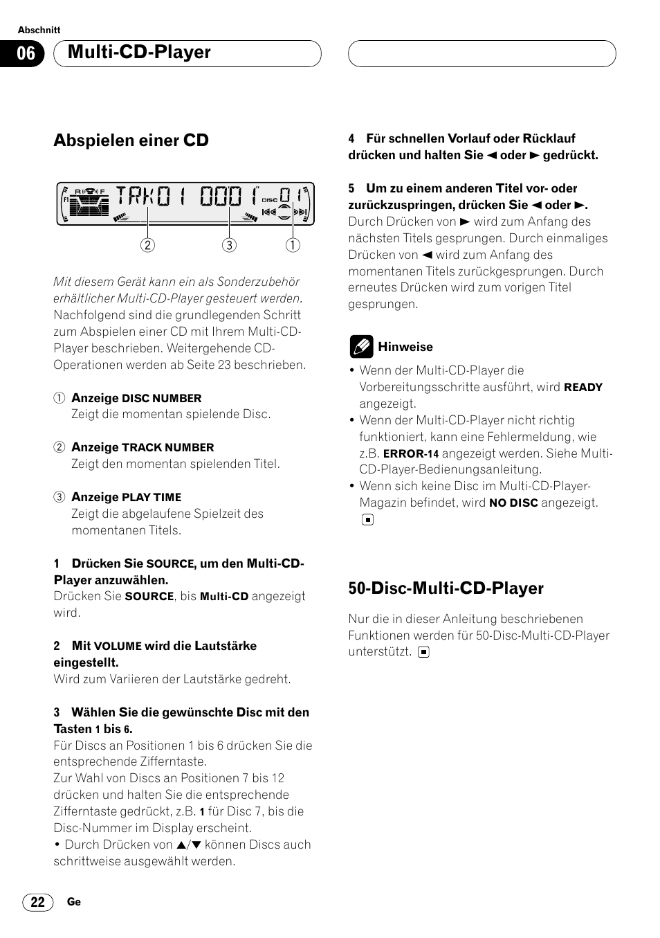Multi-cd-player, Abspielen einer cd, Disc-multi-cd-player | Pioneer DEH-P4400R  EN User Manual | Page 106 / 128
