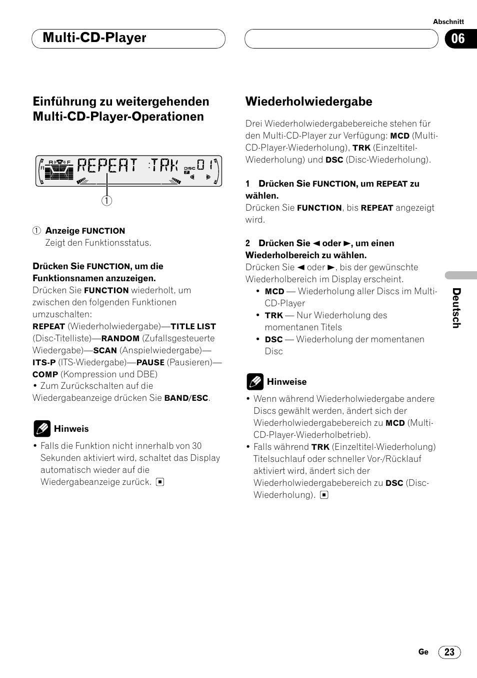 Einführung zu weitergehenden multi-cd, Player-operationen 23, Wiederholwiedergabe 23 | Multi-cd-player, Wiederholwiedergabe | Pioneer DEH-P4400R  EN User Manual | Page 107 / 128