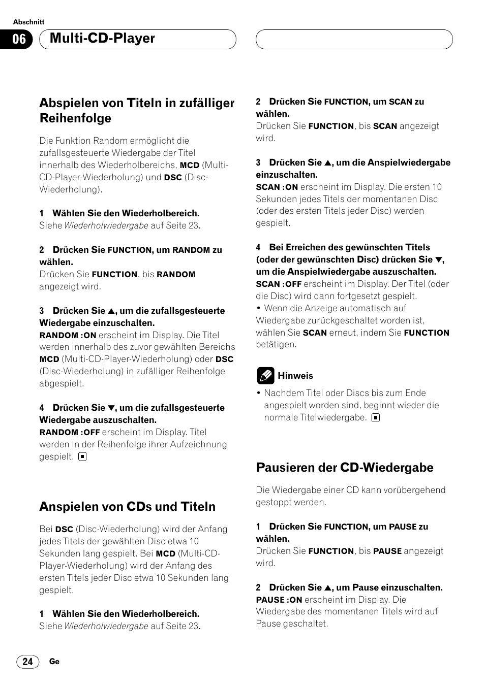 Abspielen von titeln in zufälliger, Reihenfolge 24, Multi-cd-player | Abspielen von titeln in zufälliger reihenfolge, Anspielen von cds und titeln, Pausieren der cd-wiedergabe | Pioneer DEH-P4400R  EN User Manual | Page 108 / 128