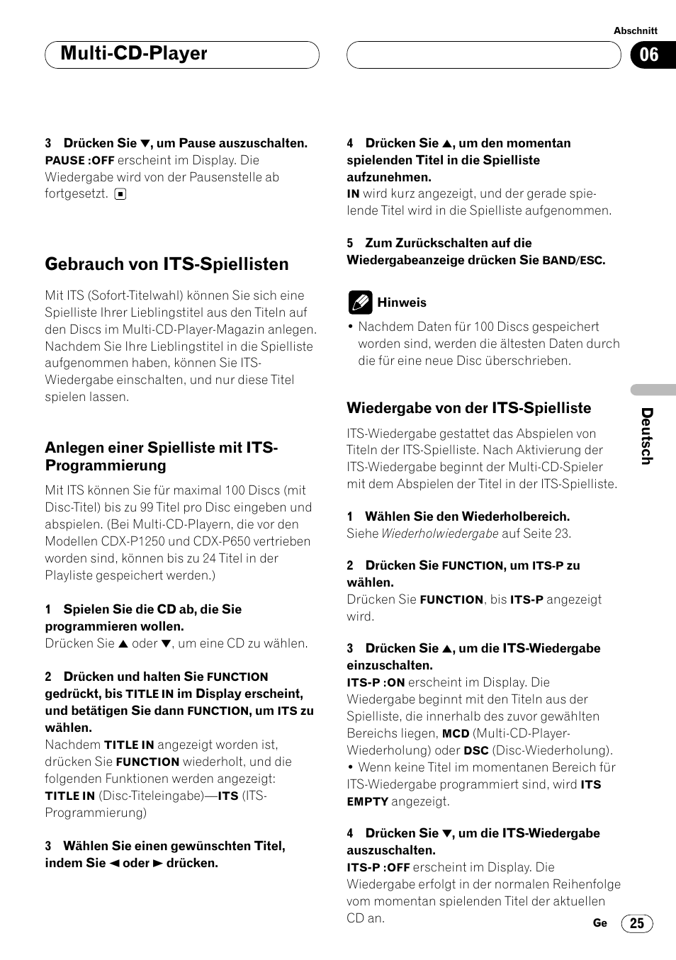 Gebrauch von its-spiellisten 25, Anlegen einer spielliste mit its, Programmierung 25 | Wiedergabe von der its-spielliste 25, Multi-cd-player, Gebrauch von its-spiellisten | Pioneer DEH-P4400R  EN User Manual | Page 109 / 128