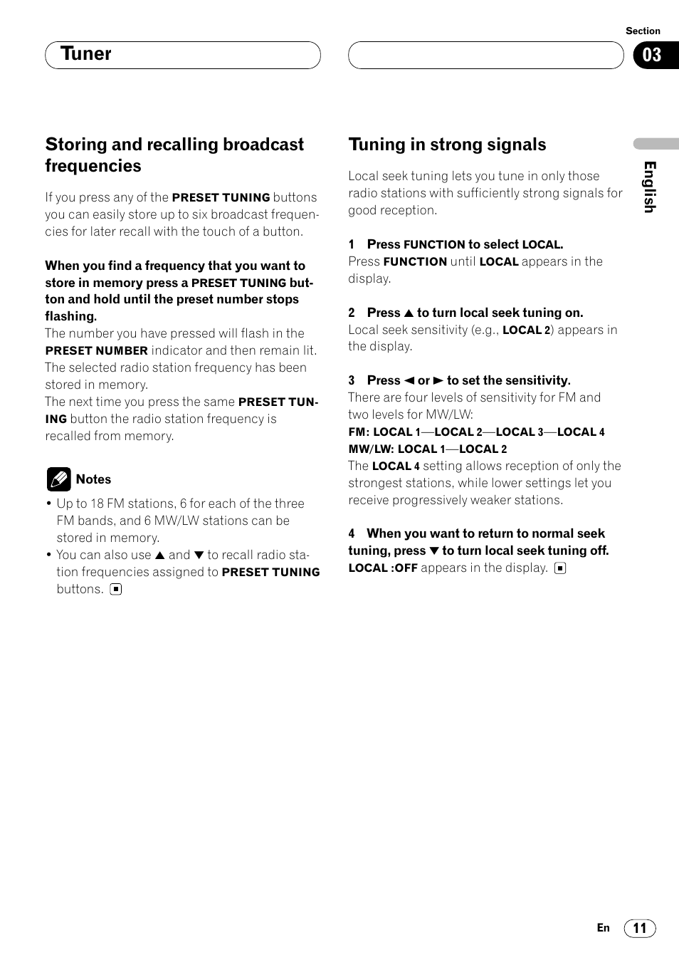 Storing and recalling broadcast, Frequencies 11, Tuning in strong signals 11 | Tuner, Storing and recalling broadcast frequencies, Tuning in strong signals | Pioneer DEH-P4400R  EN User Manual | Page 11 / 128