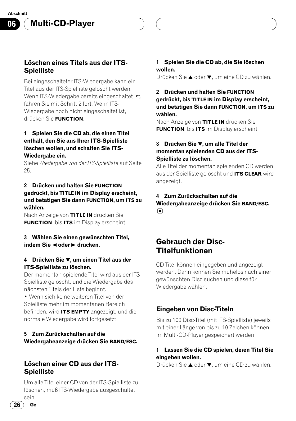 Löschen eines titels aus der its, Spielliste 26, Löschen einer cd aus der its-spielliste 26 | Gebrauch der disc-titelfunktionen 26, Eingeben von disc-titeln 26, Multi-cd-player, Gebrauch der disc- titelfunktionen | Pioneer DEH-P4400R  EN User Manual | Page 110 / 128