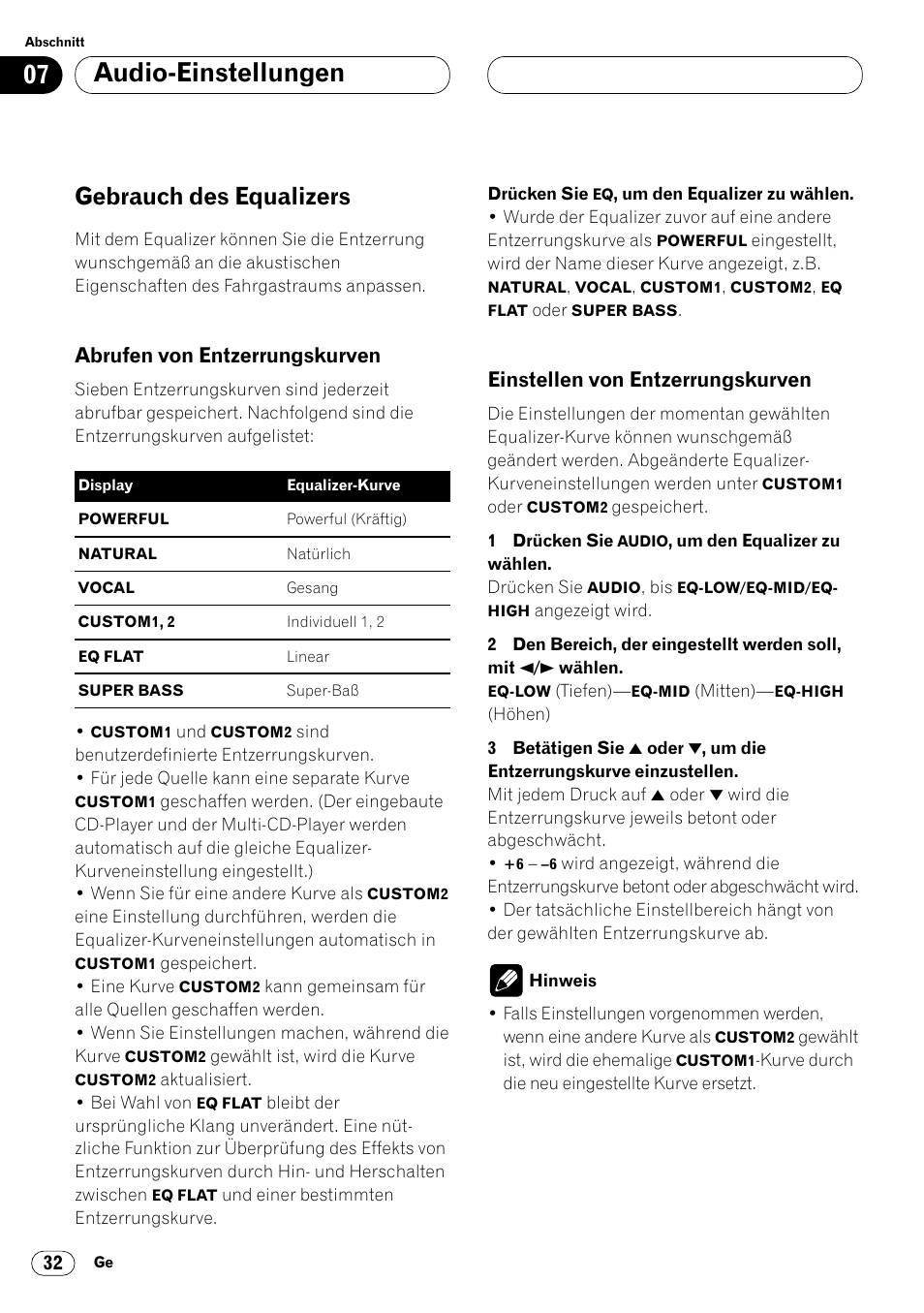 Gebrauch des equalizers 32, Audio-einstellungen, Gebrauch des equalizers | Abrufen von entzerrungskurven, Einstellen von entzerrungskurven | Pioneer DEH-P4400R  EN User Manual | Page 116 / 128