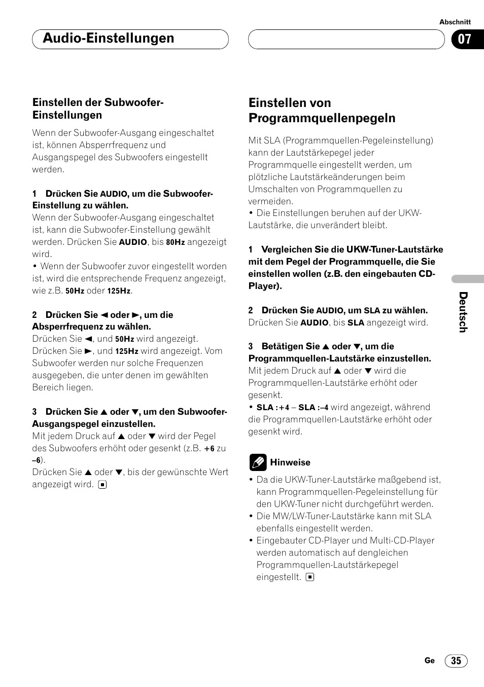Einstellen der, Subwoofer-einstellungen 35, Einstellen von programmquellenpegeln 35 | Audio-einstellungen, Einstellen von programmquellenpegeln | Pioneer DEH-P4400R  EN User Manual | Page 119 / 128
