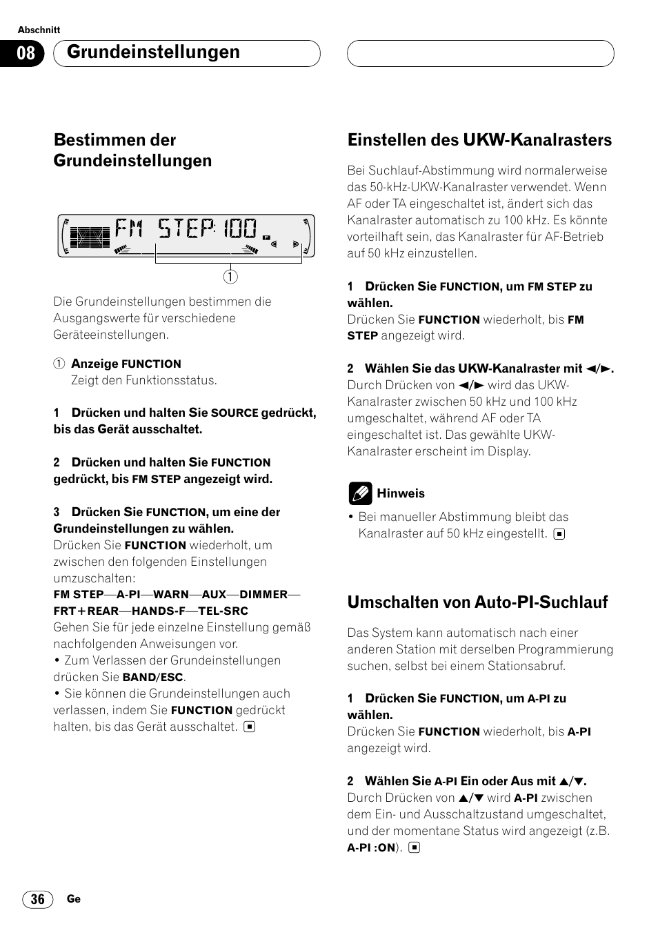 Grundeinstellungen, Bestimmen der grundeinstellungen, Einstellen des ukw-kanalrasters | Umschalten von auto-pi-suchlauf | Pioneer DEH-P4400R  EN User Manual | Page 120 / 128