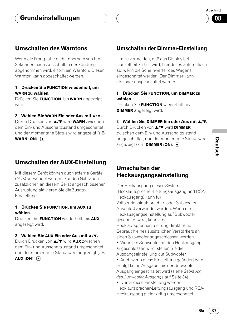 Grundeinstellungen, Umschalten des warntons, Umschalten der aux-einstellung | Umschalten der dimmer-einstellung, Umschalten der heckausgangseinstellung | Pioneer DEH-P4400R  EN User Manual | Page 121 / 128