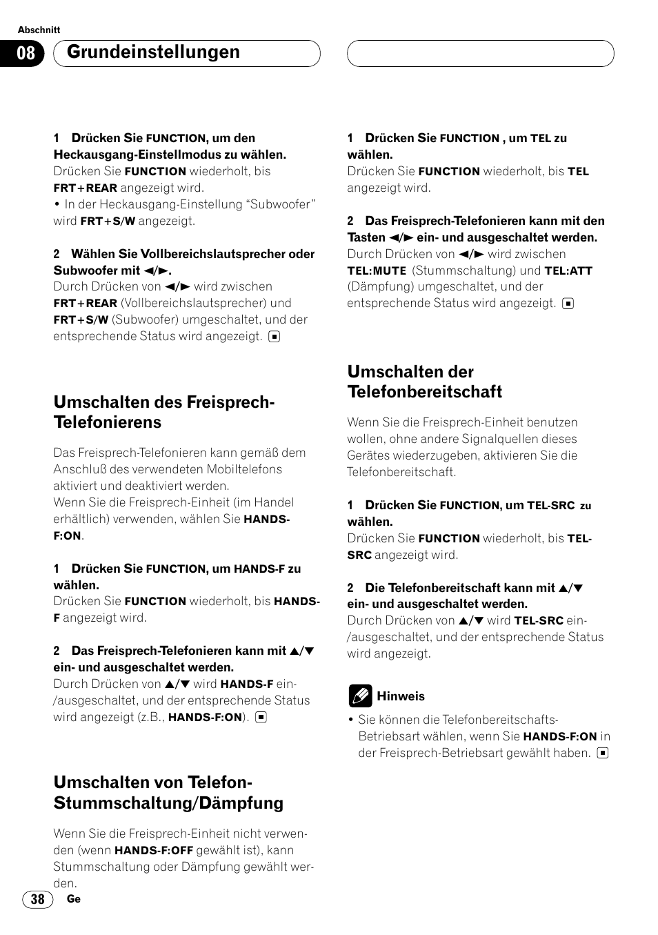 Umschalten des freisprech, Telefonierens 38, Umschalten von telefon | Stummschaltung/dämpfung 38, Umschalten der telefonbereitschaft 38, Grundeinstellungen, Umschalten des freisprech- telefonierens, Umschalten von telefon- stummschaltung/dämpfung, Umschalten der telefonbereitschaft | Pioneer DEH-P4400R EN User Manual | Page 122 / 128