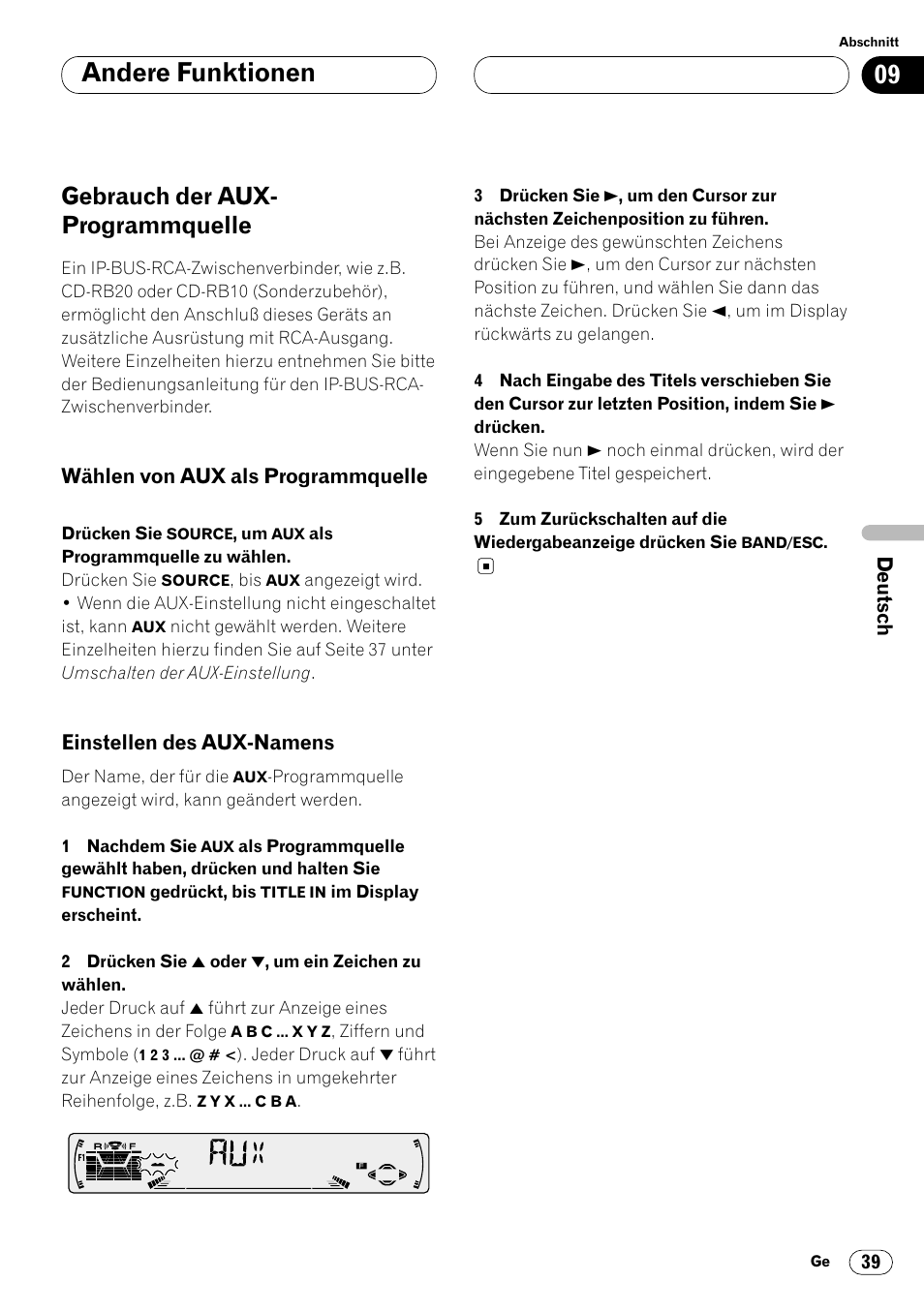 Andere funktionen, Gebrauch der aux- programmquelle | Pioneer DEH-P4400R  EN User Manual | Page 123 / 128
