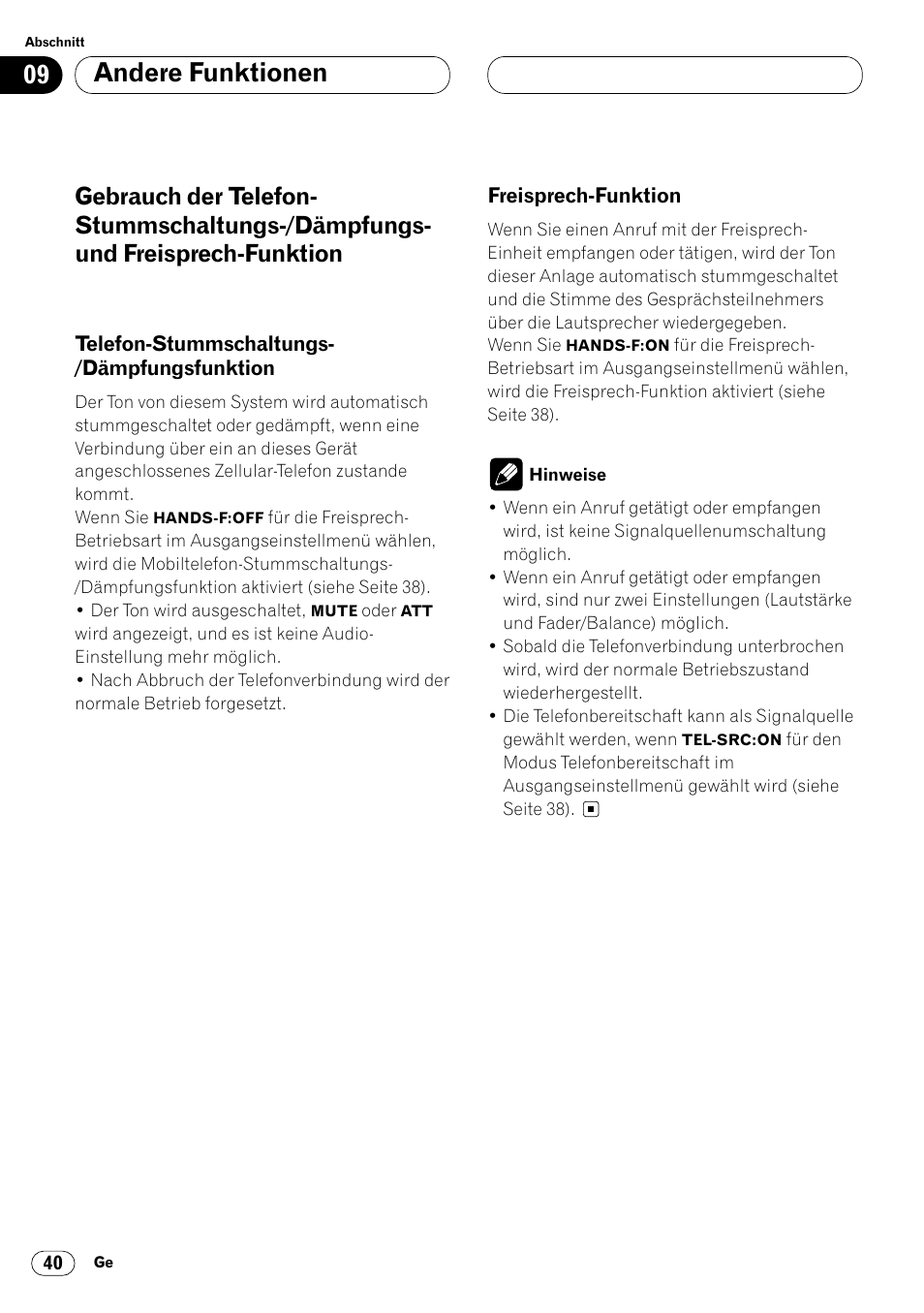 Gebrauch der telefon-stummschaltungs, Dämpfungsfunktion 40, Freisprech-funktion 40 | Andere funktionen | Pioneer DEH-P4400R  EN User Manual | Page 124 / 128