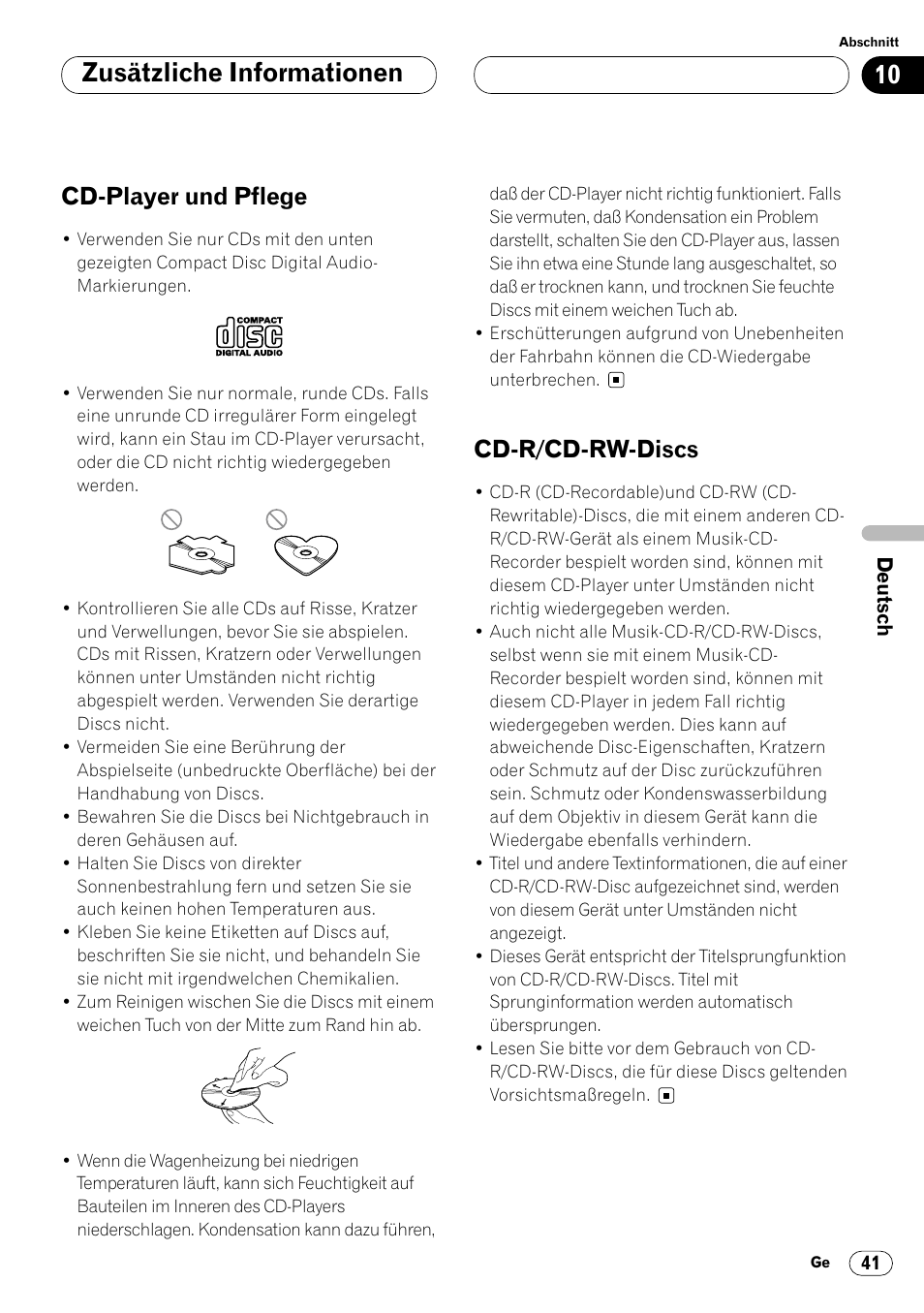 Zusätzliche informationen, Cd-player und pflege, Cd-r/cd-rw-discs | Pioneer DEH-P4400R  EN User Manual | Page 125 / 128