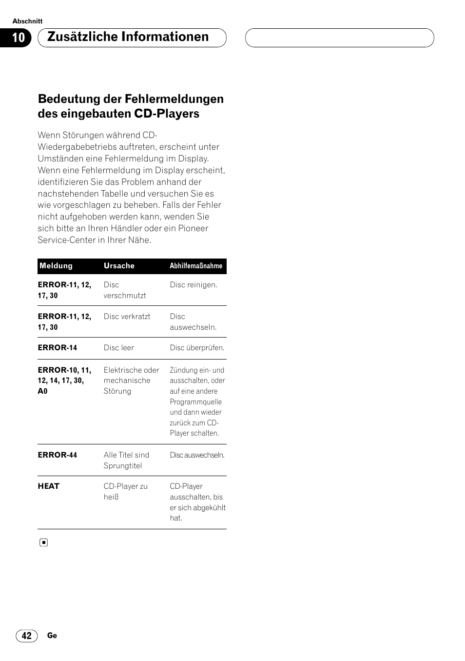 Bedeutung der fehlermeldungen des, Eingebauten cd-players 42, Zusätzliche informationen | Pioneer DEH-P4400R  EN User Manual | Page 126 / 128