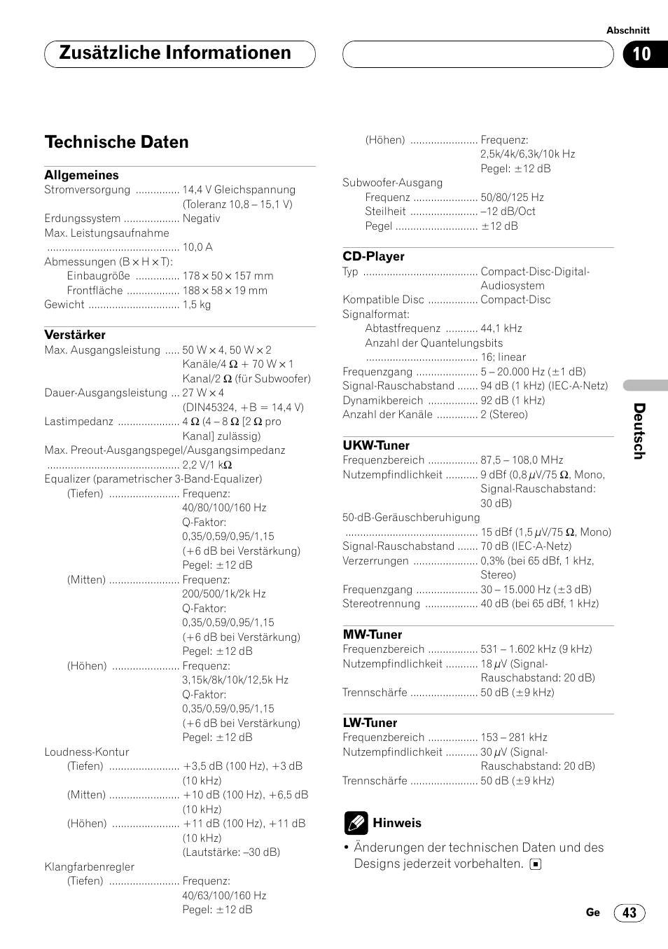 Technische daten 43, Zusätzliche informationen, Technische daten | Pioneer DEH-P4400R  EN User Manual | Page 127 / 128