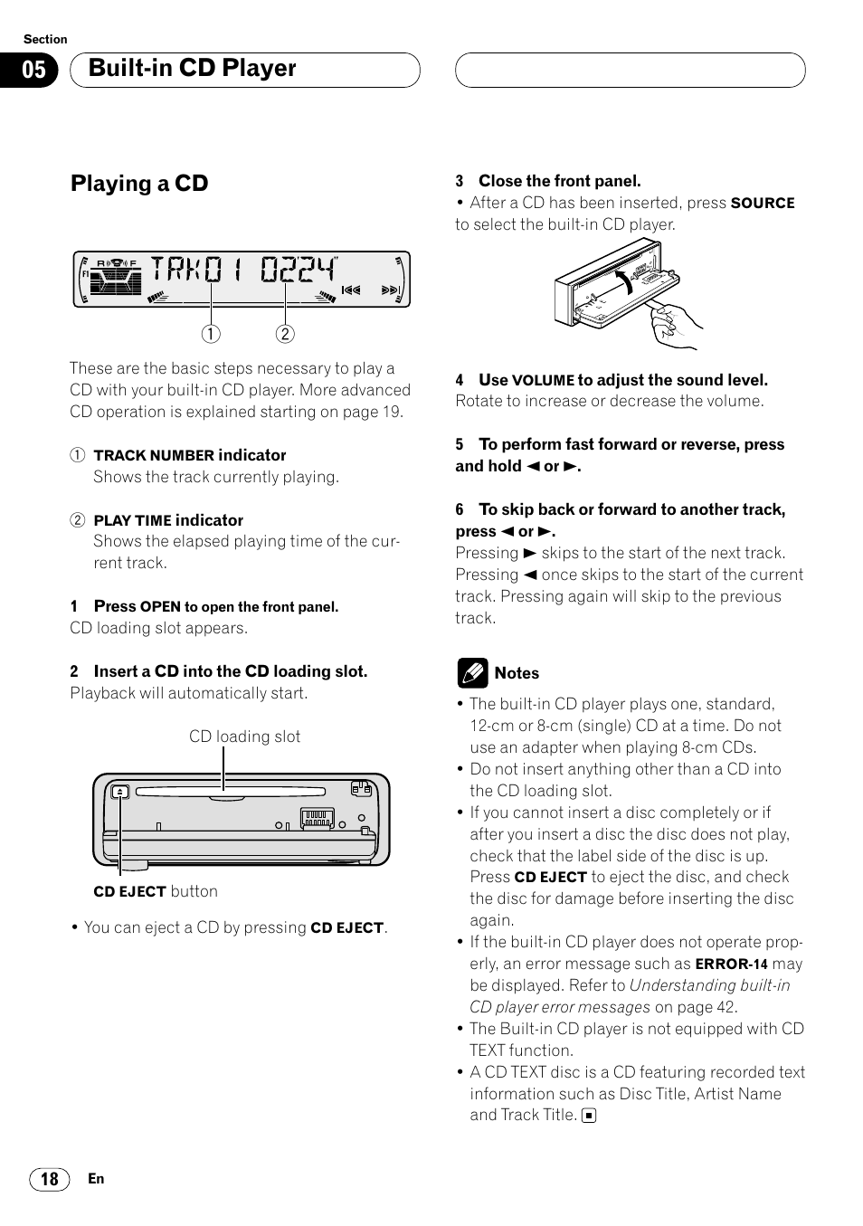 Built-in cd player playing a cd 18, Built-in cd player, Playing a cd | Pioneer DEH-P4400R  EN User Manual | Page 18 / 128