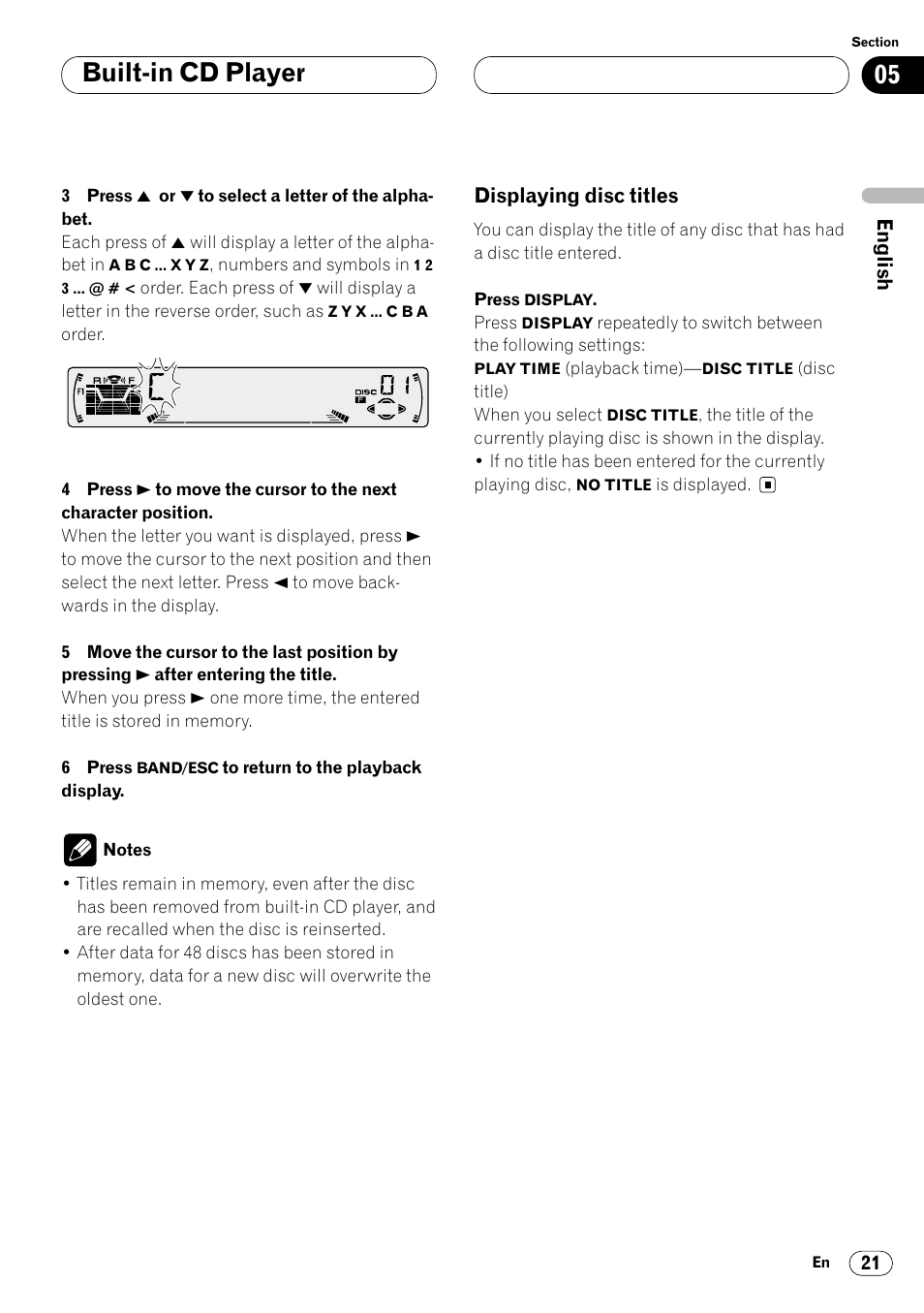 Displaying disc titles 21, Built-in cd player | Pioneer DEH-P4400R  EN User Manual | Page 21 / 128