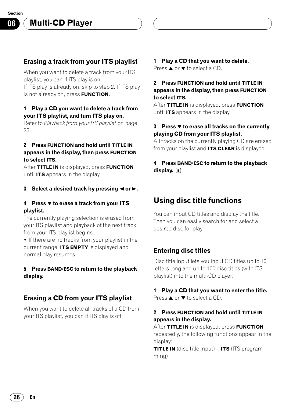 Erasing a track from your its, Playlist 26, Erasing a cd from your its playlist 26 | Using disc title functions 26, Entering disc titles 26, Multi-cd player, Using disc title functions, Erasing a track from your its playlist, Erasing a cd from your its playlist, Entering disc titles | Pioneer DEH-P4400R EN User Manual | Page 26 / 128