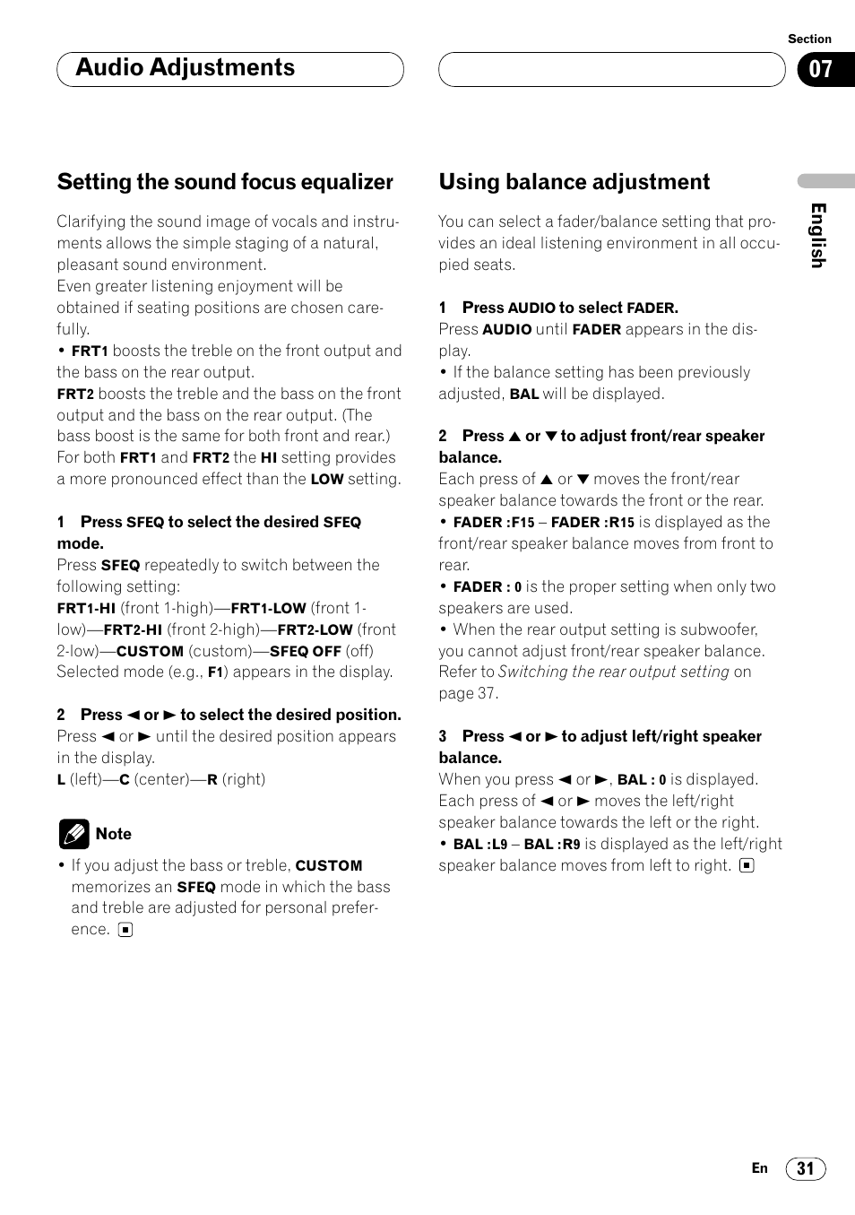 Audio adjustments, Setting the sound focus equalizer, Using balance adjustment | Pioneer DEH-P4400R  EN User Manual | Page 31 / 128
