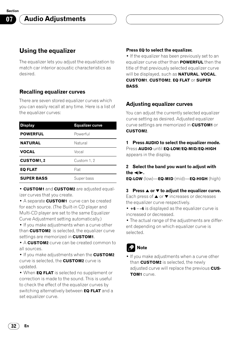 Using the equalizer 32, Audio adjustments, Using the equalizer | Recalling equalizer curves, Adjusting equalizer curves | Pioneer DEH-P4400R  EN User Manual | Page 32 / 128