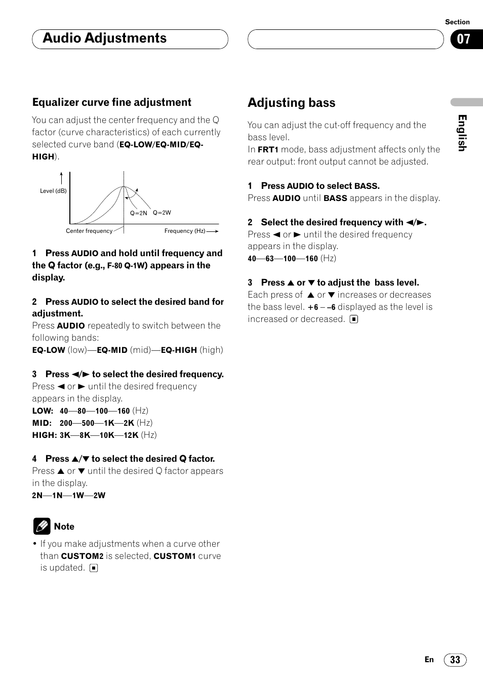 Equalizer curve fine adjustment 33, Adjusting bass 33, Audio adjustments | Adjusting bass, Equalizer curve fine adjustment | Pioneer DEH-P4400R  EN User Manual | Page 33 / 128