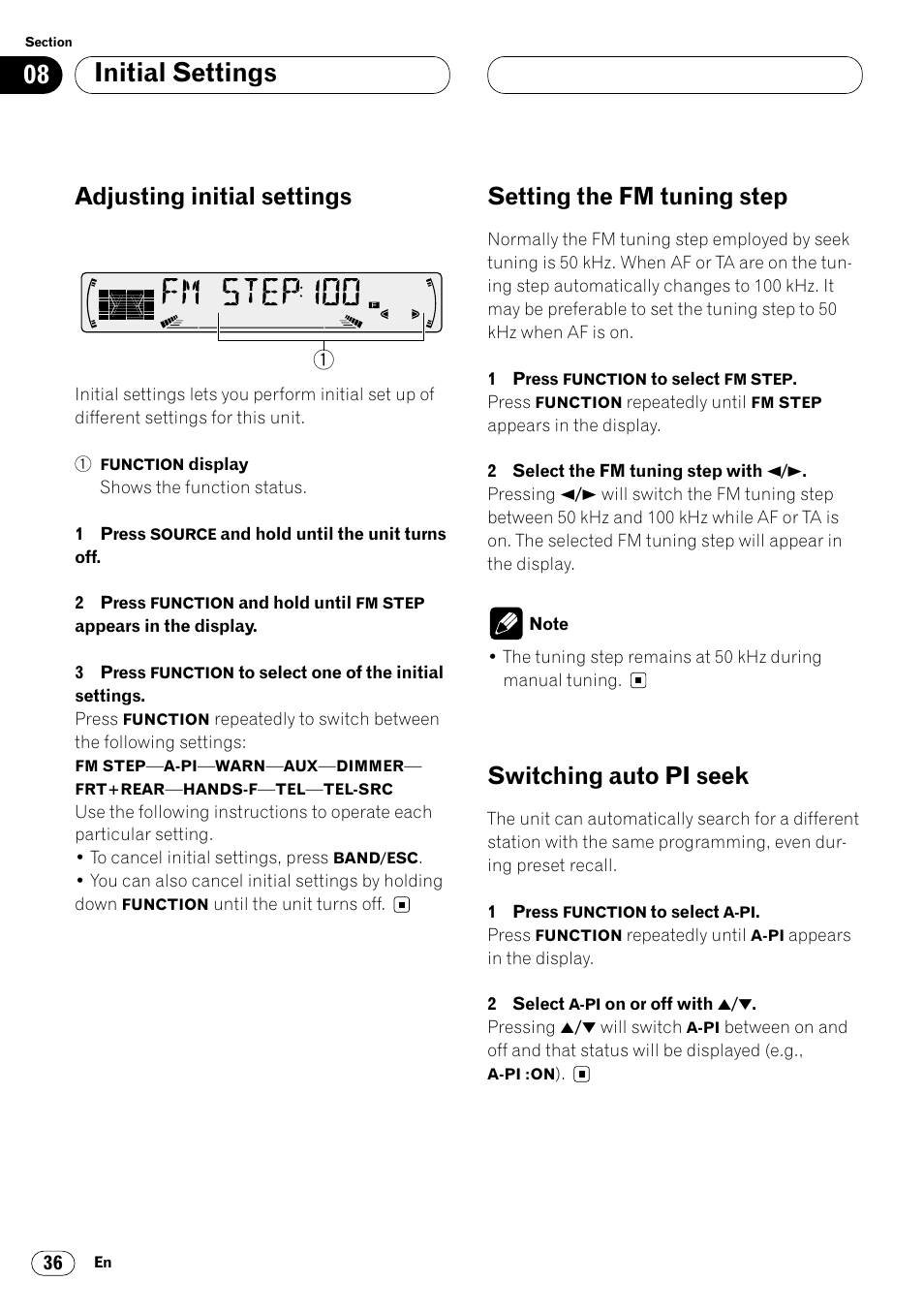 Initial settings, Adjusting initial settings, Setting the fm tuning step | Switching auto pi seek | Pioneer DEH-P4400R  EN User Manual | Page 36 / 128
