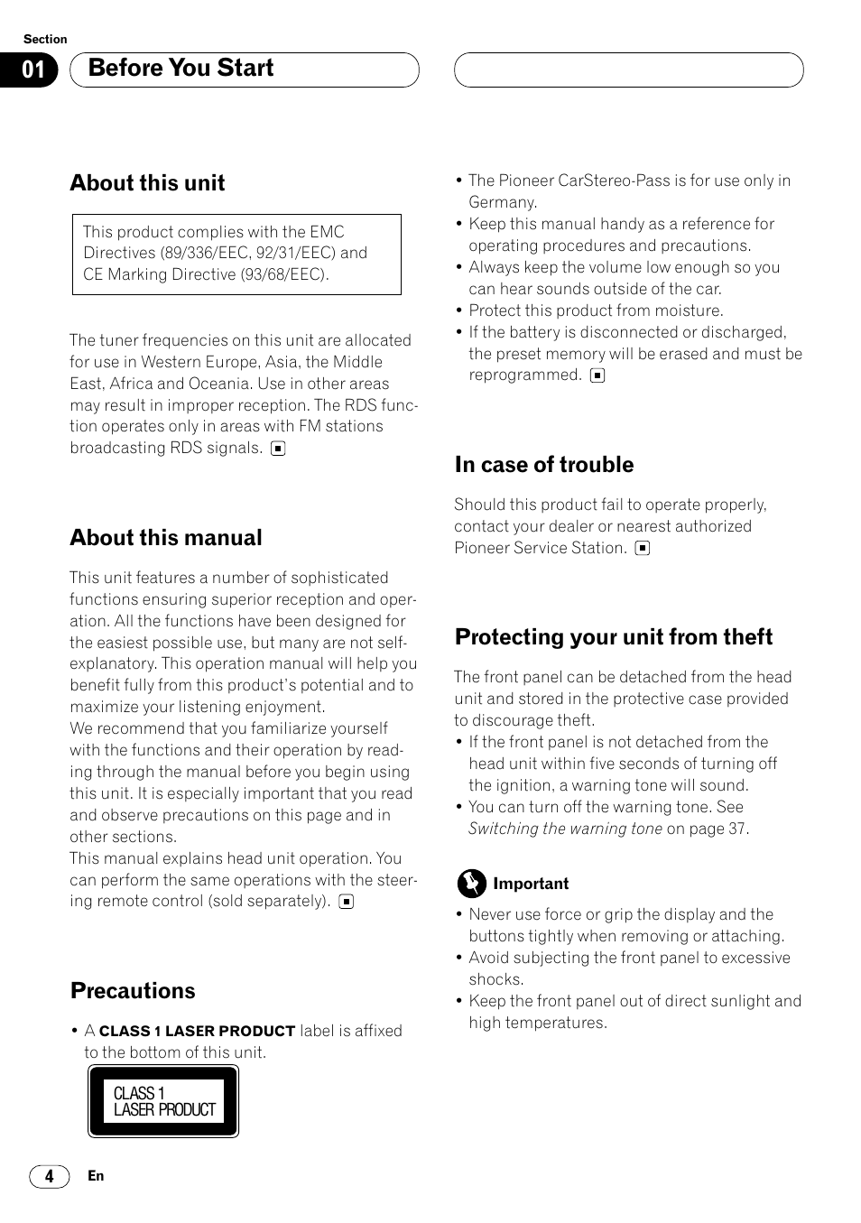 Before you start, About this unit, About this manual | Precautions, Protecting your unit from theft | Pioneer DEH-P4400R  EN User Manual | Page 4 / 128
