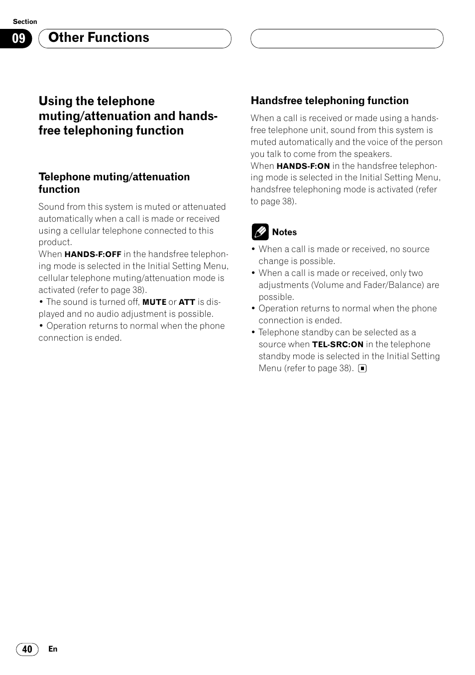 Using the telephone muting/attenuation, Function 40, Handsfree telephoning function 40 | Other functions | Pioneer DEH-P4400R  EN User Manual | Page 40 / 128