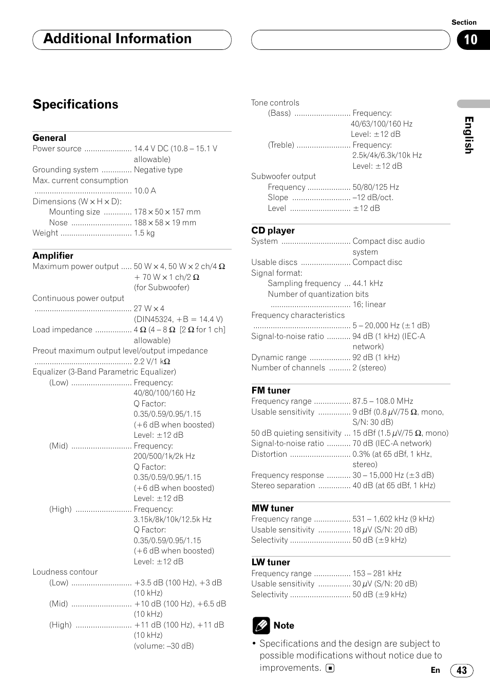 Specifications 43, Additional information, Specifications | Pioneer DEH-P4400R  EN User Manual | Page 43 / 128