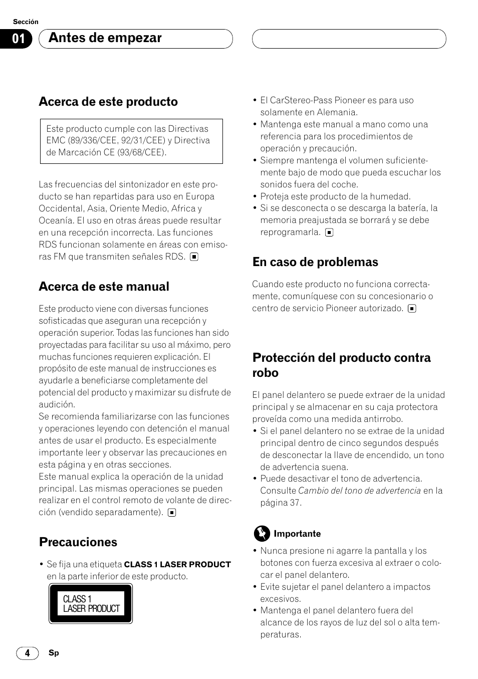 Antes de empezar, Acerca de este producto, Acerca de este manual | Precauciones, En caso de problemas, Protección del producto contra robo | Pioneer DEH-P4400R  EN User Manual | Page 46 / 128