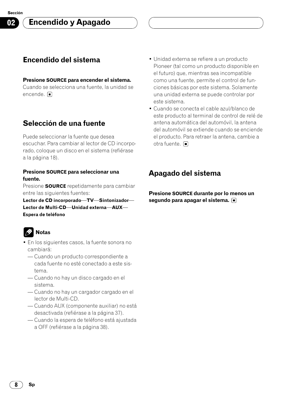 Encendido y apagado, Encendido del sistema, Selección de una fuente | Apagado del sistema | Pioneer DEH-P4400R  EN User Manual | Page 50 / 128