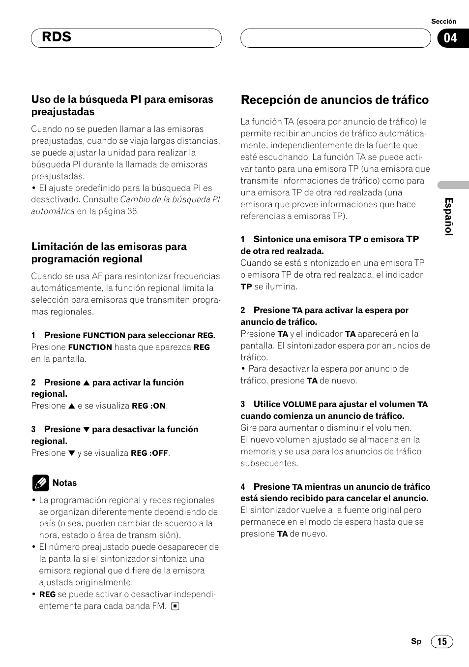 Uso de la búsqueda pi para emisoras, Preajustadas 15, Limitación de las emisoras para progra | Mación regional 15, Recepción de anuncios de tráfico 15, Recepción de anuncios de tráfico | Pioneer DEH-P4400R  EN User Manual | Page 57 / 128