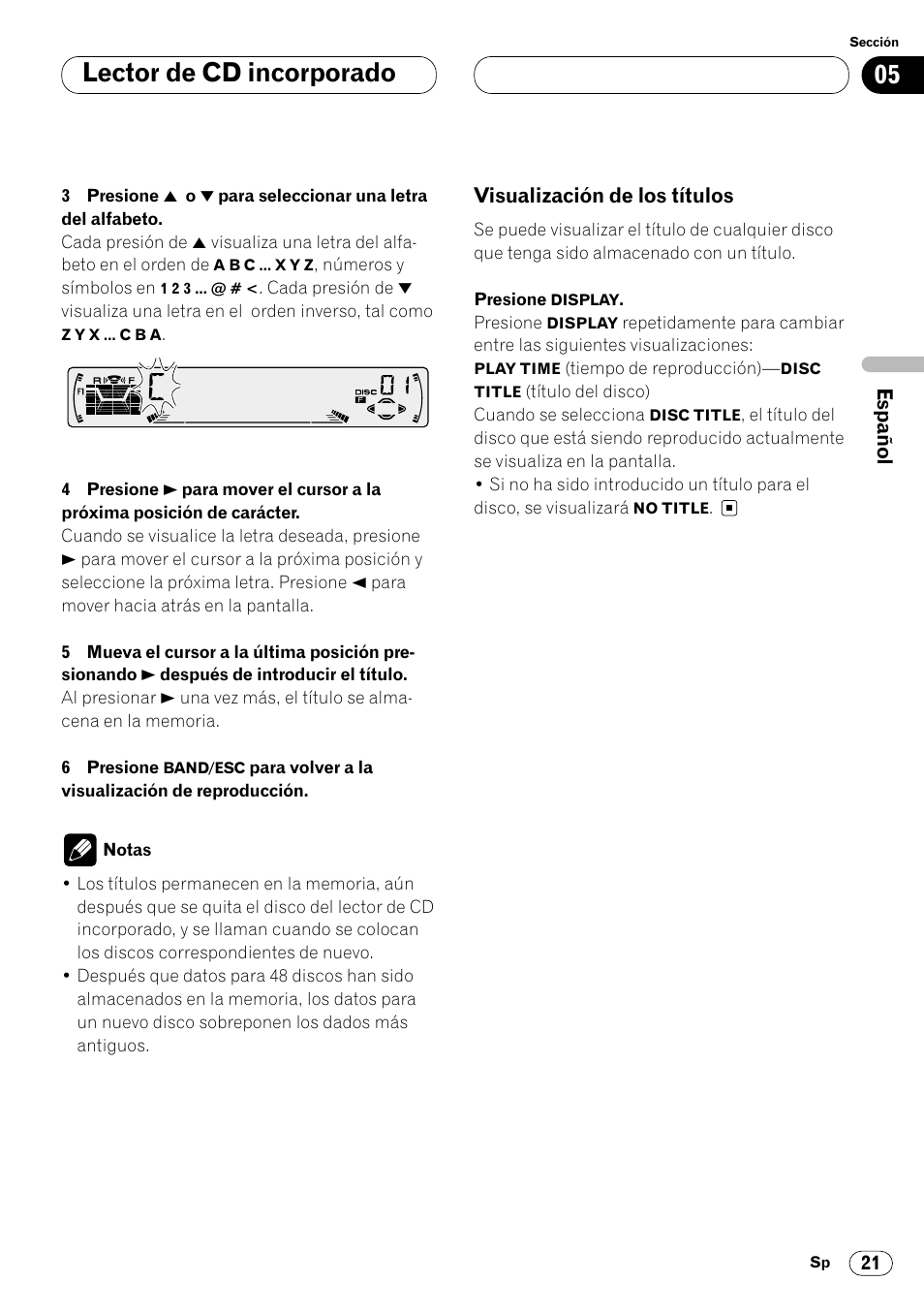 Visualización de los títulos 21, Lector de cd incorporado | Pioneer DEH-P4400R  EN User Manual | Page 63 / 128