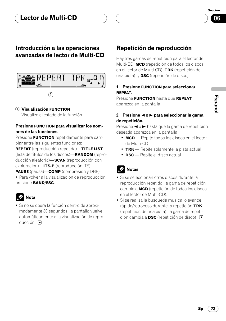 Introducción a las operaciones avanzadas, De lector de multi-cd 23, Repetición de reproducción 23 | Lector de multi-cd, Repetición de reproducción | Pioneer DEH-P4400R  EN User Manual | Page 65 / 128