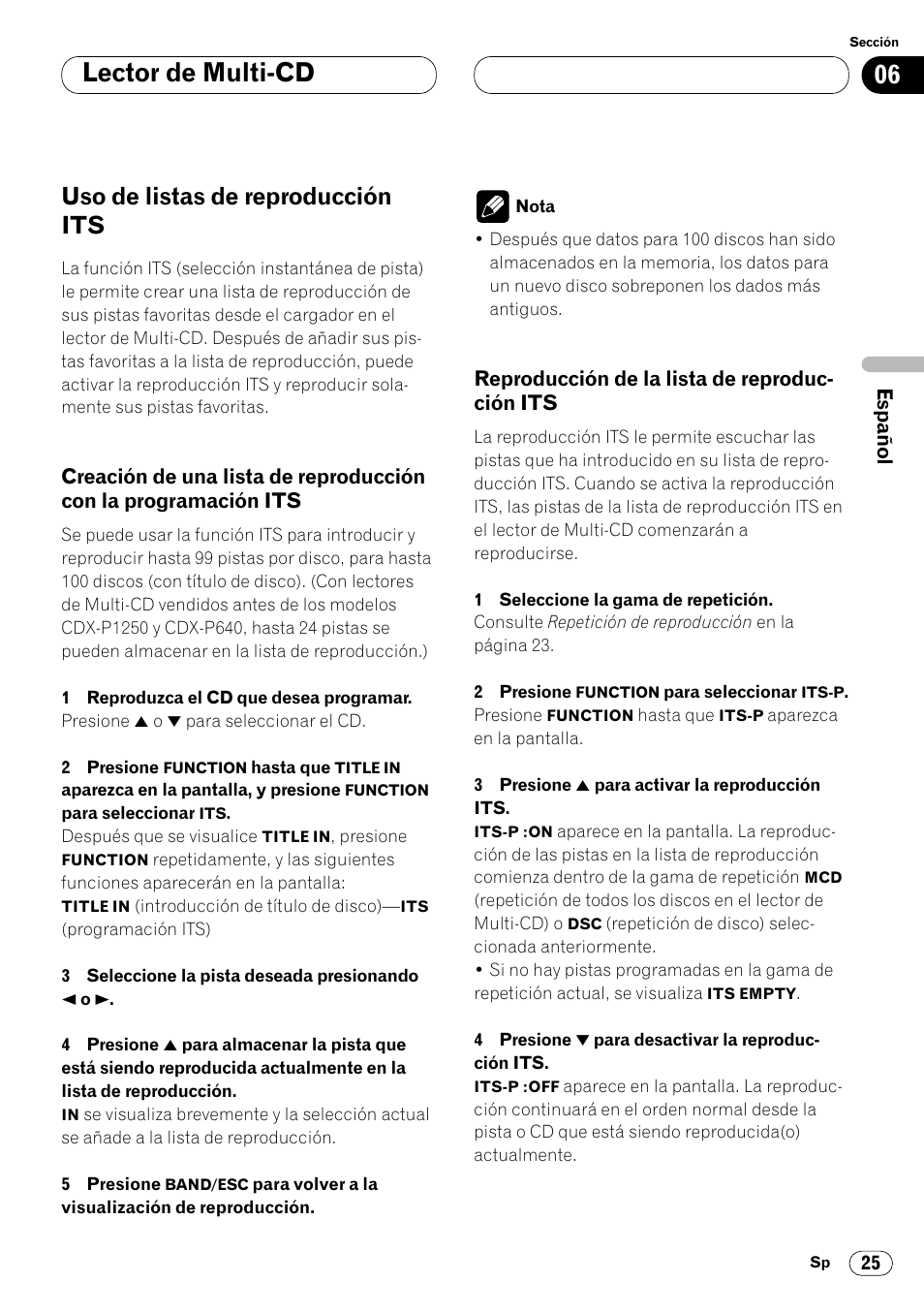 Uso de listas de reproducción its 25, Creación de una lista de reproducción, Con la programación its 25 | Reproducción de la lista de reproduc, Ción its 25, Lector de multi-cd, Uso de listas de reproducción its | Pioneer DEH-P4400R  EN User Manual | Page 67 / 128