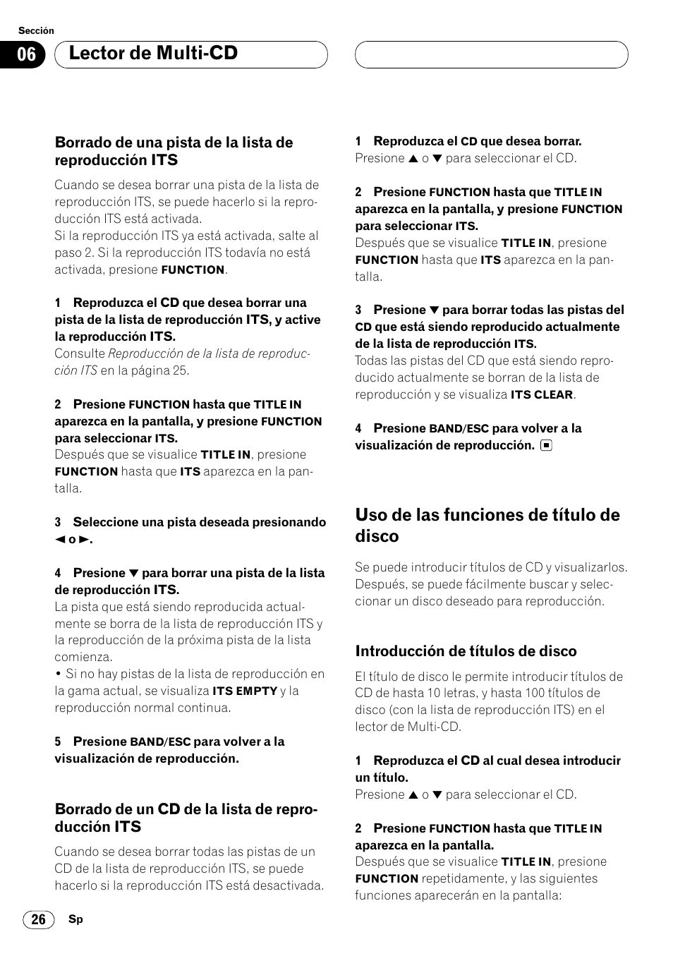 Borrado de una pista de la lista de, Reproducción its 26, Borrado de un cd de la lista de repro | Ducción its 26, Uso de las funciones de título de disco 26, Introducción de títulos de disco 26, Lector de multi-cd, Uso de las funciones de título de disco, Borrado de un cd de la lista de repro- ducción its, Introducción de títulos de disco | Pioneer DEH-P4400R EN User Manual | Page 68 / 128