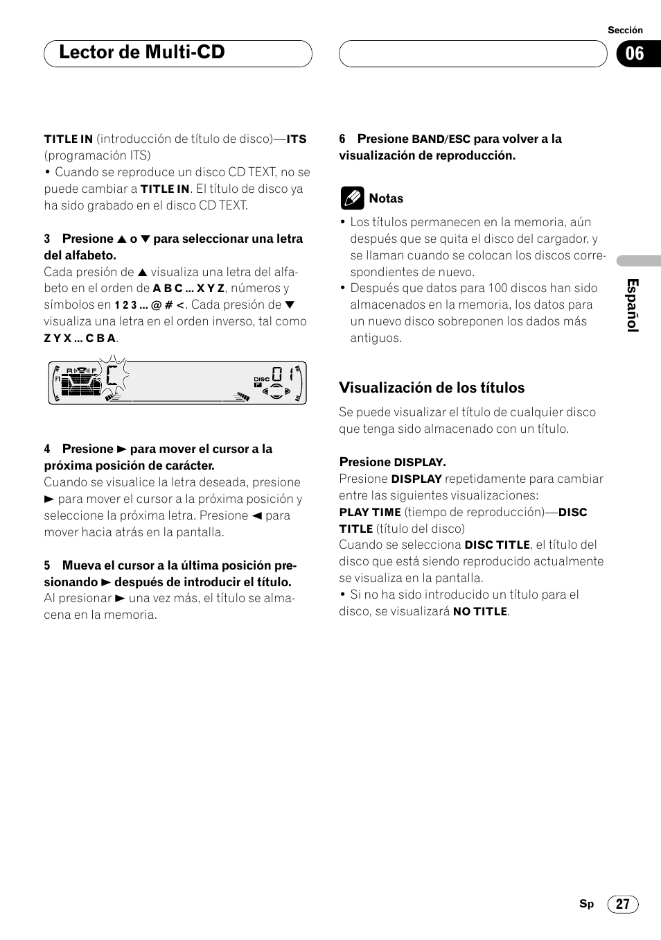 Visualización de los títulos 27, Lector de multi-cd | Pioneer DEH-P4400R  EN User Manual | Page 69 / 128