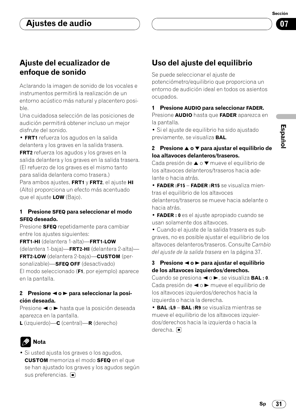 Ajuste del ecualizador de enfoque, De sonido 31, Uso del ajuste del equilibrio 31 | Ajustes de audio, Ajuste del ecualizador de enfoque de sonido, Uso del ajuste del equilibrio | Pioneer DEH-P4400R  EN User Manual | Page 73 / 128