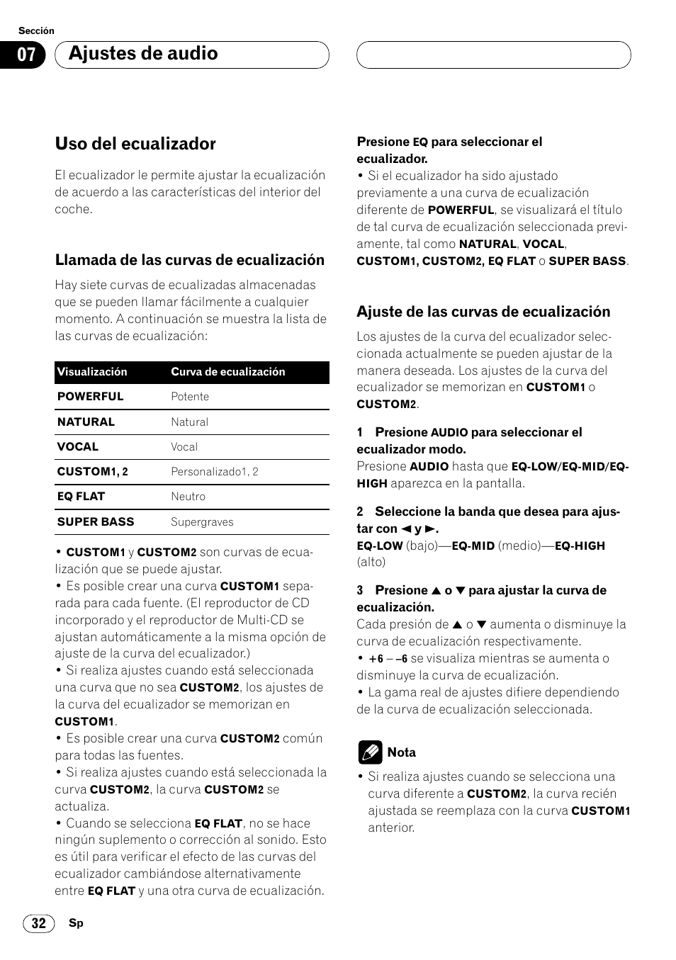 Uso del ecualizador 32, Llamada de las curvas de, Ecualización 32 | Ajuste de las curvas de ecualización 32, Ajustes de audio, Uso del ecualizador, Llamada de las curvas de ecualización, Ajuste de las curvas de ecualización | Pioneer DEH-P4400R  EN User Manual | Page 74 / 128