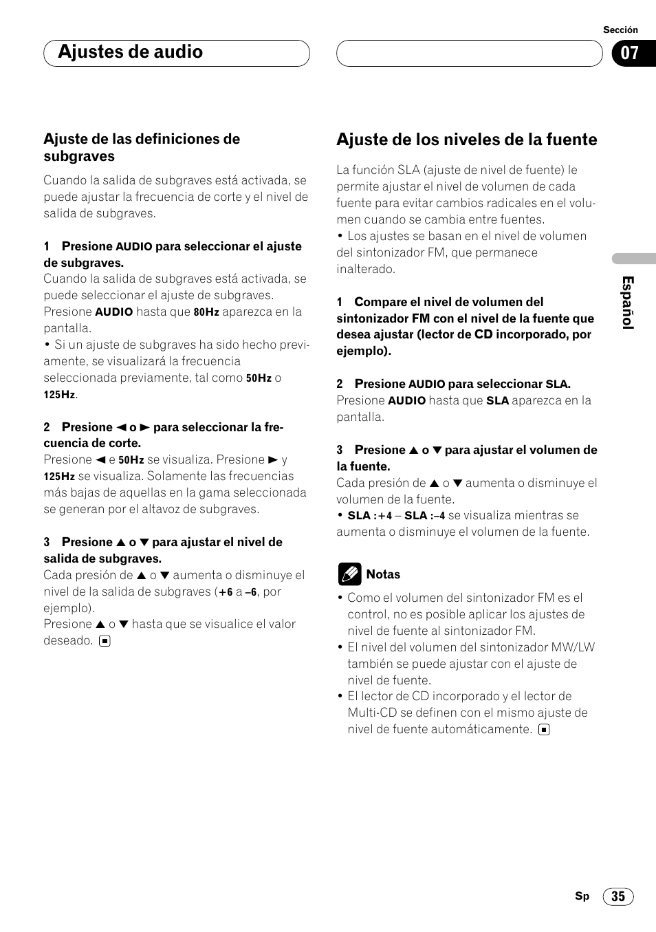 Ajuste de las definiciones de, Subgraves 35, Ajuste de los niveles de la fuente 35 | Ajustes de audio, Ajuste de los niveles de la fuente | Pioneer DEH-P4400R  EN User Manual | Page 77 / 128