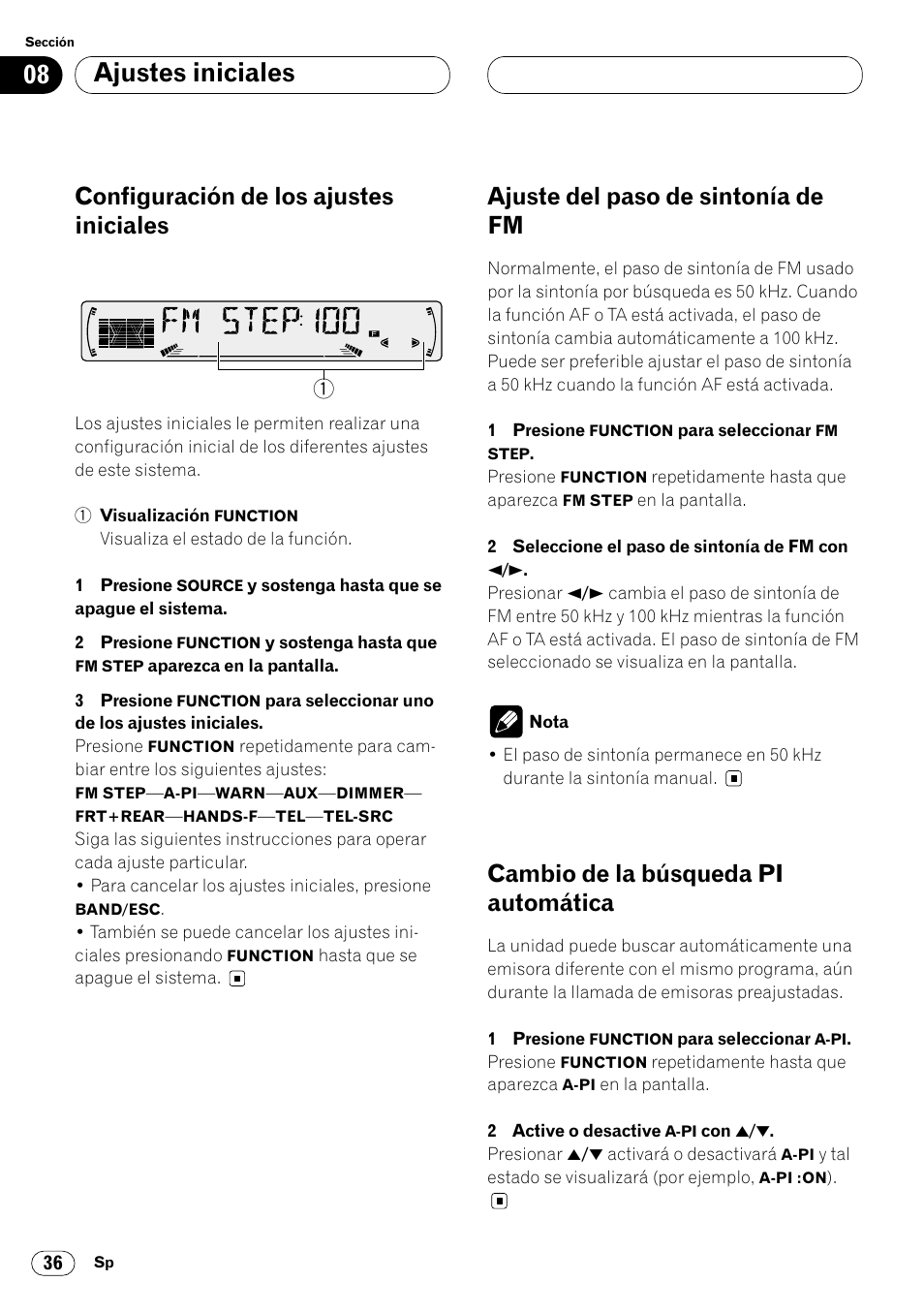 Ajustes iniciales, Configuración de los ajustes iniciales, Ajuste del paso de sintonía de fm | Cambio de la búsqueda pi automática | Pioneer DEH-P4400R  EN User Manual | Page 78 / 128
