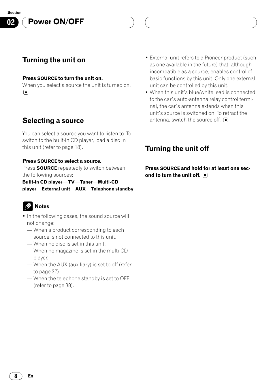 Power on/off, Turning the unit on, Selecting a source | Turning the unit off | Pioneer DEH-P4400R  EN User Manual | Page 8 / 128