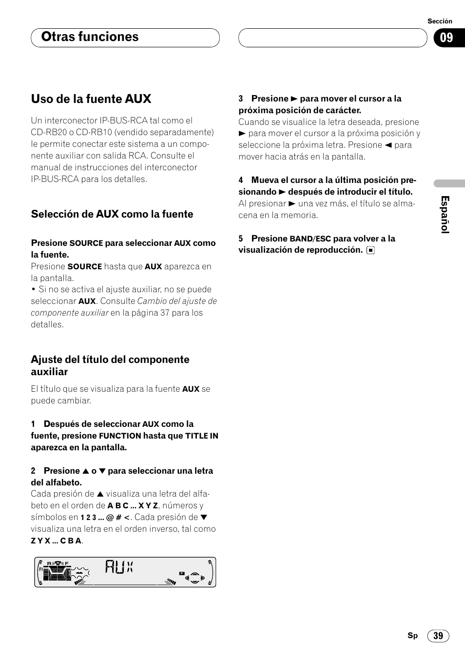 Otras funciones uso de la fuente aux 39, Auxiliar 39, Otras funciones | Uso de la fuente aux | Pioneer DEH-P4400R  EN User Manual | Page 81 / 128