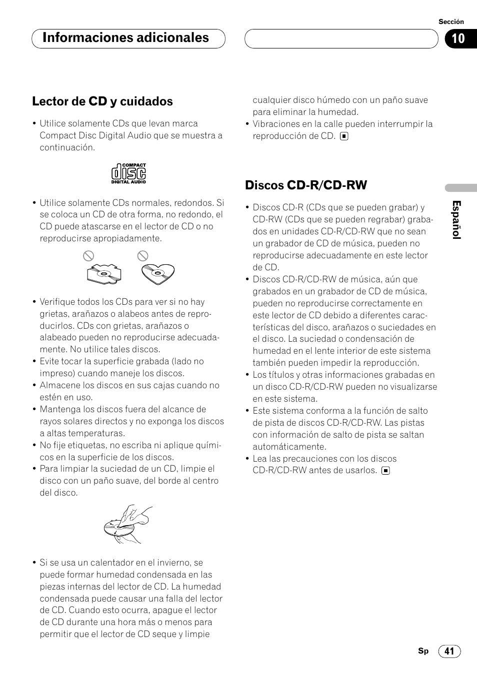 Informaciones adicionales, Lector de cd y cuidados, Discos cd-r/cd-rw | Pioneer DEH-P4400R  EN User Manual | Page 83 / 128