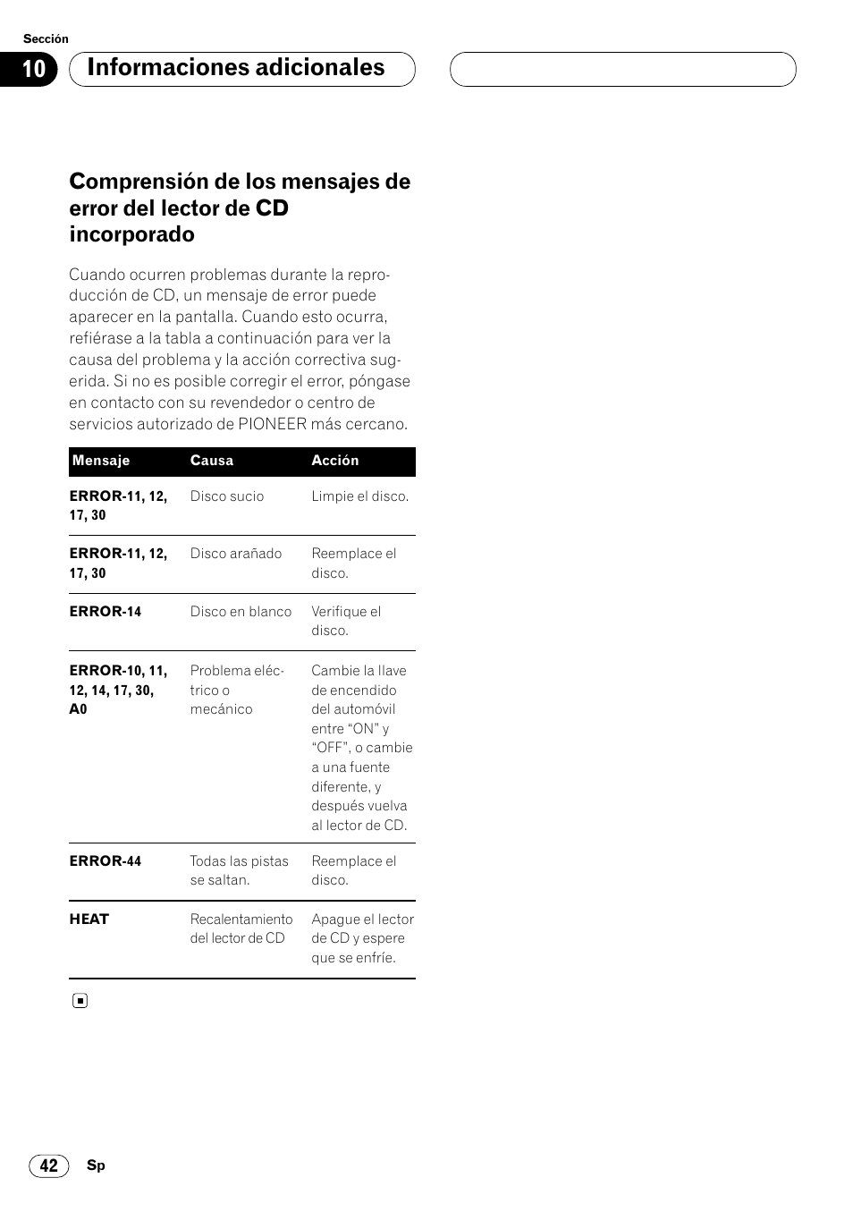 Comprensión de los mensajes de error, Del lector de cd incorporado 42, Informaciones adicionales | Pioneer DEH-P4400R  EN User Manual | Page 84 / 128
