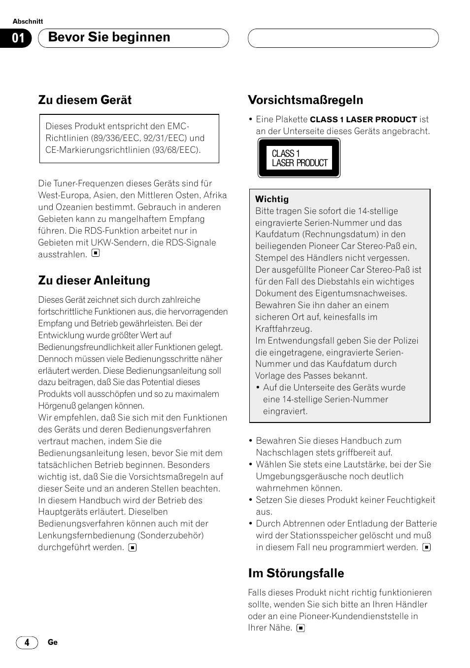 Bevor sie beginnen, Zu diesem gerät, Zu dieser anleitung | Vorsichtsmaßregeln, Im störungsfalle | Pioneer DEH-P4400R  EN User Manual | Page 88 / 128