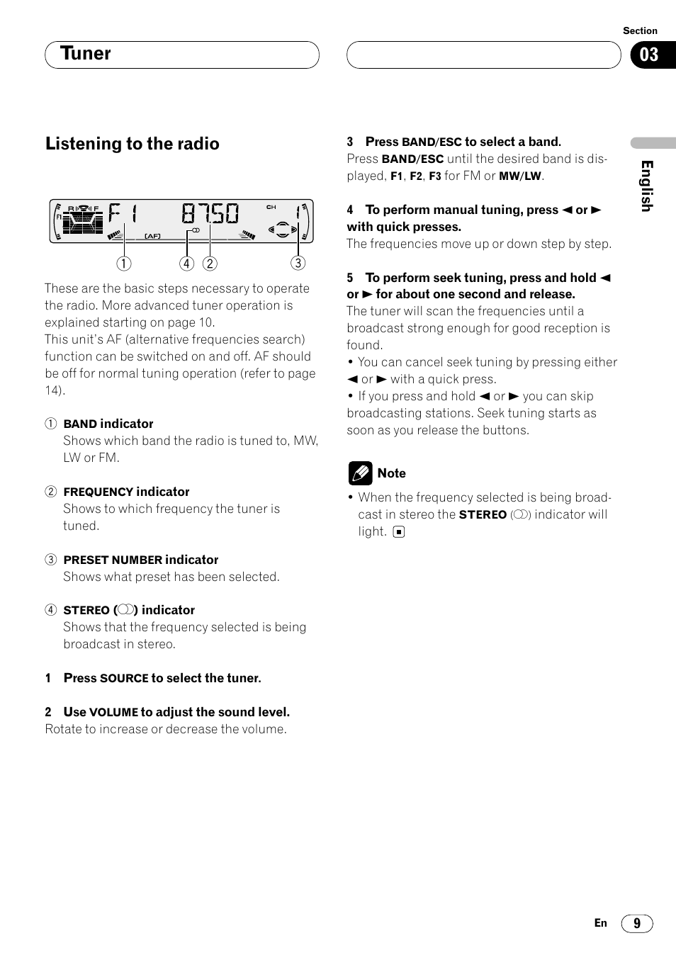 Tuner listening to the radio 9, Tuner, Listening to the radio | Pioneer DEH-P4400R  EN User Manual | Page 9 / 128