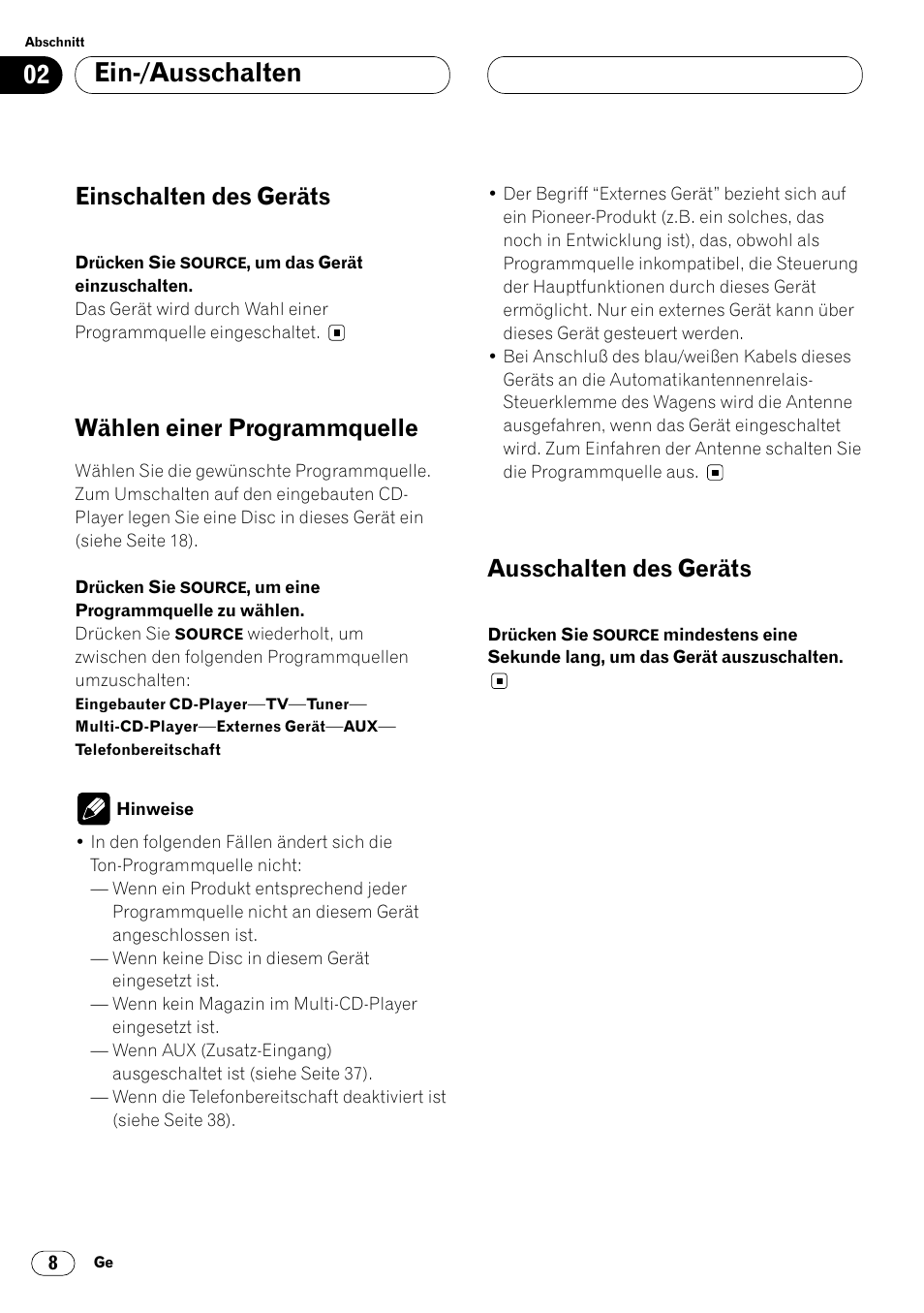 Ein-/ausschalten, Einschalten des geräts, Wählen einer programmquelle | Ausschalten des geräts | Pioneer DEH-P4400R  EN User Manual | Page 92 / 128