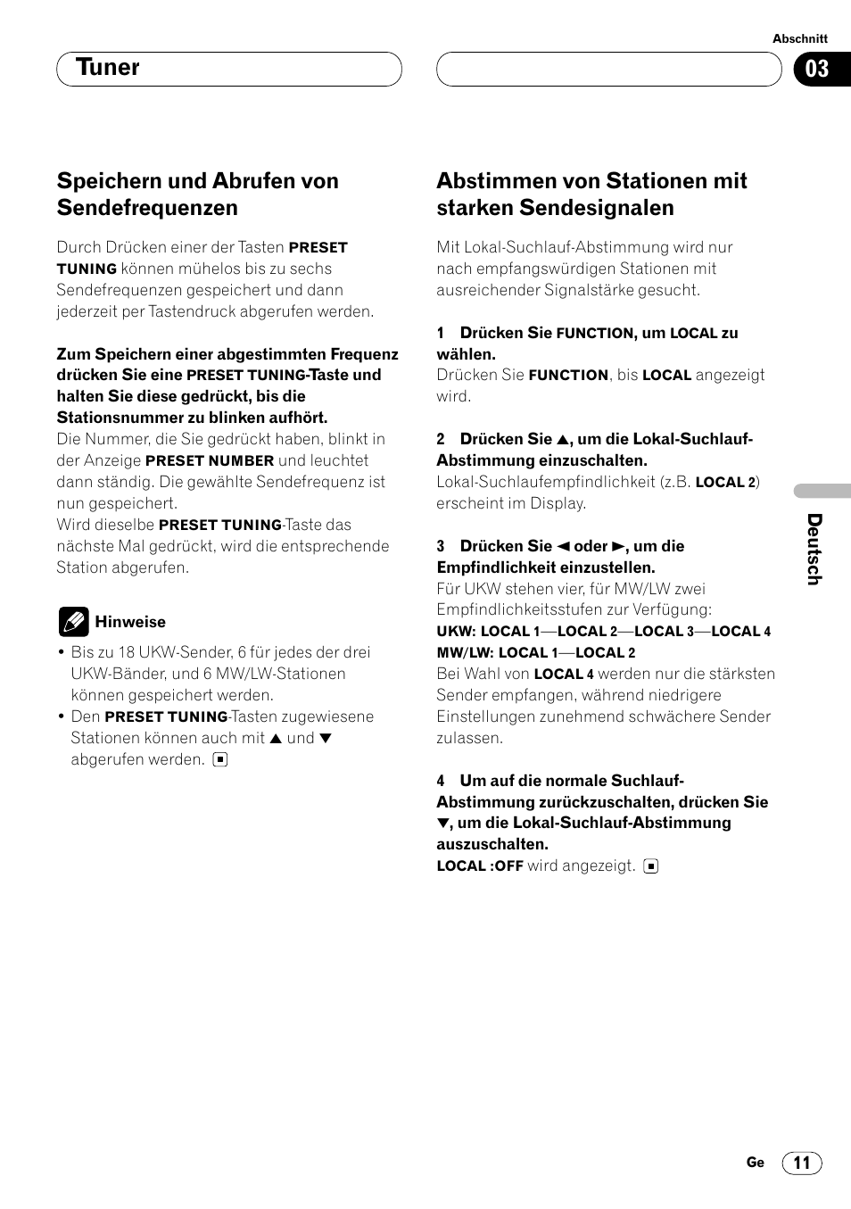 Speichern und abrufen von, Sendefrequenzen 11, Abstimmen von stationen mit starken | Sendesignalen 11, Tuner, Speichern und abrufen von sendefrequenzen, Abstimmen von stationen mit starken sendesignalen | Pioneer DEH-P4400R  EN User Manual | Page 95 / 128