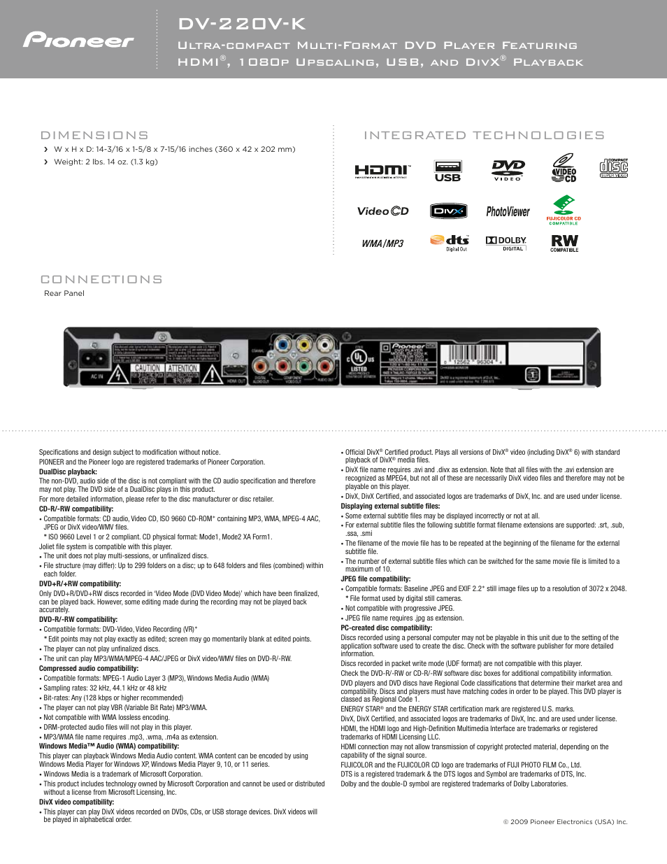 Dv-220v-k, Connections, Dimensions | Integrated technologies, 1080p upscaling, usb, and divx, Playback | Pioneer DV-220V-K User Manual | Page 2 / 2