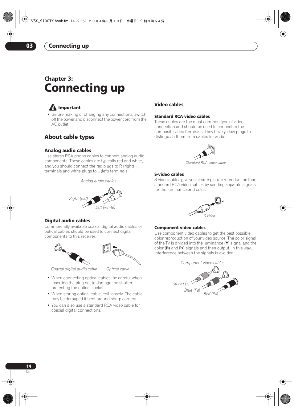 03 connecting up, About cable types, Connecting up | Connecting up 03, Chapter 3 | Pioneer VSX-9100TX User Manual | Page 14 / 79