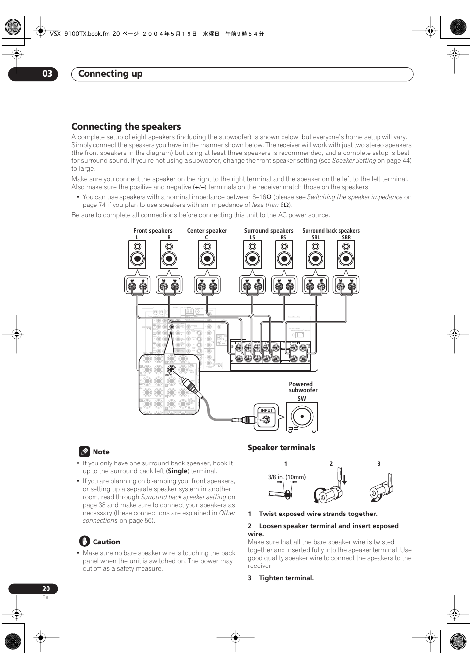 Connecting the speakers, Speaker terminals, Connecting up 03 | Single), Speaker setting, Please see, Switching the speaker impedance, Less than, Single, Surround back speaker setting | Pioneer VSX-9100TX User Manual | Page 20 / 79