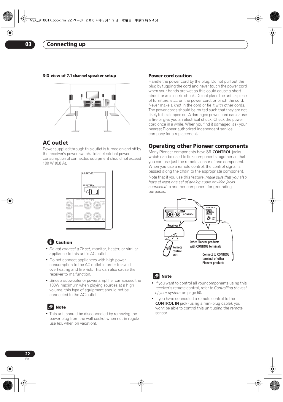 Ac outlet, Power cord caution, Operating other pioneer components | Connecting up 03 | Pioneer VSX-9100TX User Manual | Page 22 / 79